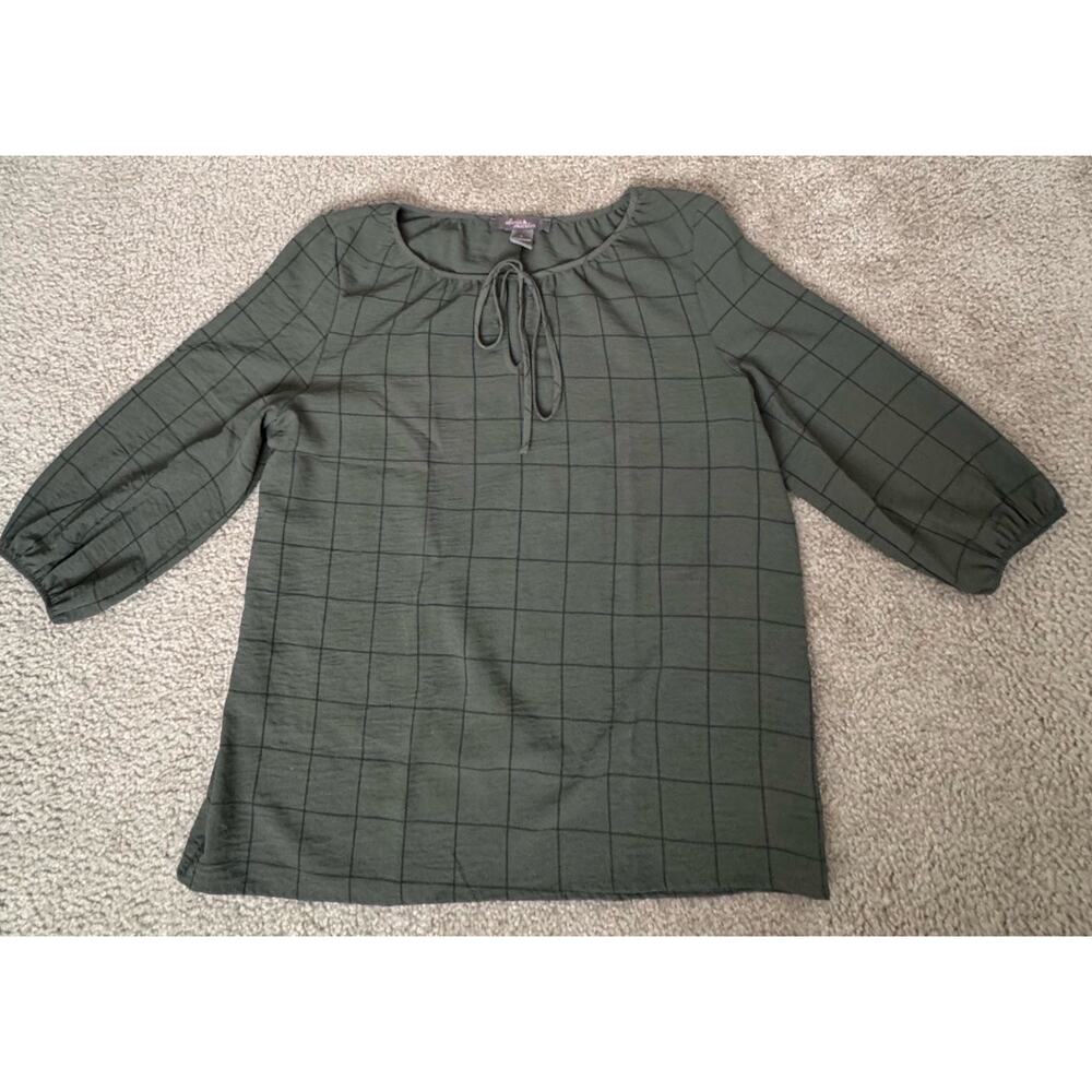Olivia & Martin Blouse Women Large Green Grid Tie Neck 3/4 Sleeve Lightweight